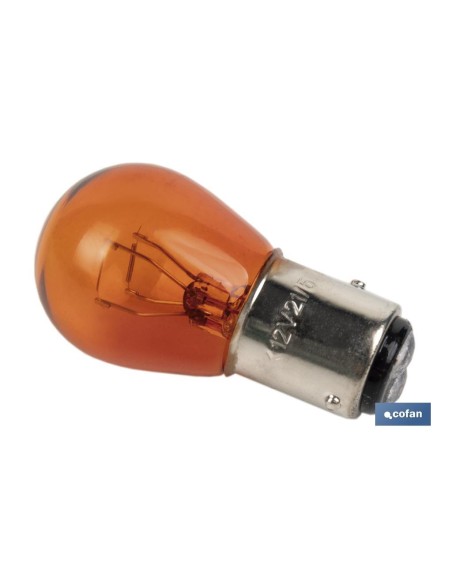 LÁMPARA COFAN 2 POLOS ÁMBAR DESCENTRADA P21/5W (BAZ15d) 12V venta unitaria