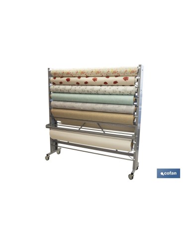 EXPOSITOR DE HULES Y MANTELES HORIZONTAL CON CORTADOR Y RUEDAS PARA 22 ROLLOS