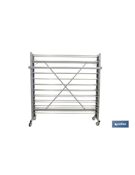 EXPOSITOR DE HULES Y MANTELES HORIZONTAL CON CORTADOR Y RUEDAS PARA 22 ROLLOS