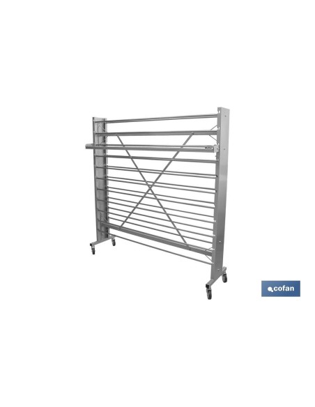 EXPOSITOR DE HULES Y MANTELES HORIZONTAL CON CORTADOR Y RUEDAS PARA 22 ROLLOS