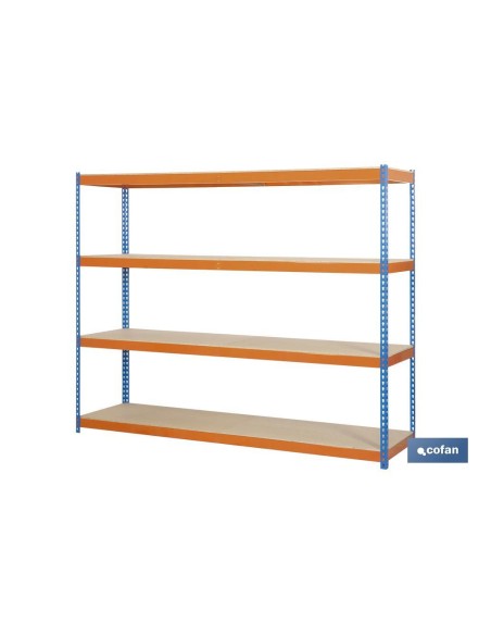 ESTANTERÍA MEDIA CARGA AZUL/NARANJA 4 BALDAS DE MADERA 2000 X 2100 X 600 MM