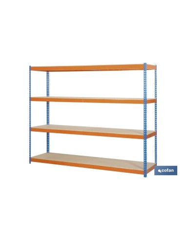 ESTANTERÍA MEDIA CARGA AZUL/NARANJA 4 BALDAS DE MADERA 2000 X 2400 X 600 MM