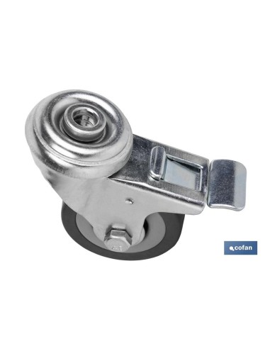RUEDA DE GOMA GRIS CON AGUJERO PASANTE Y FRENO Ø50 X 18 MM