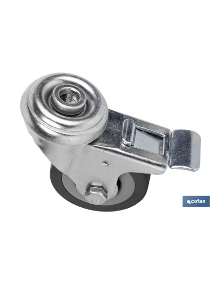 RUEDA DE GOMA GRIS CON AGUJERO PASANTE Y FRENO Ø50 X 18 MM