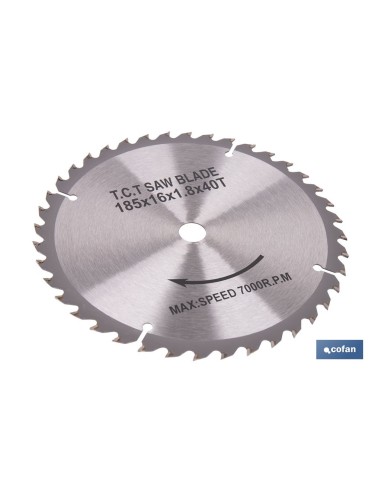 DISCO CORTE PARA MADERA Ø185 MM X 16 MM X 1,8 MM X 40 DIENTES