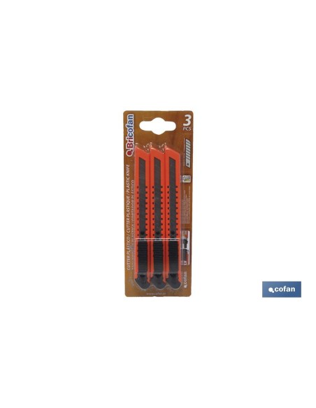 PACK 3 CUTTERS ABS EN BLISTER HOJA 9 MM