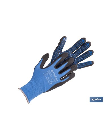 GUANTE IMPREGNADO CON PUNTOS AZULES DE NITRILO TALLA 6 VENTA UNITARIA