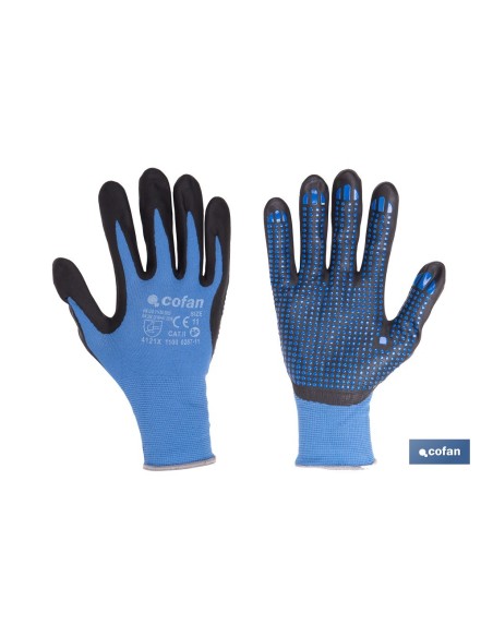 GUANTE IMPREGNADO CON PUNTOS AZULES DE NITRILO TALLA 9 VENTA UNITARIA