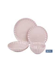 VAJILLA DE PORCELANA EN RELIEVE COLOR ROSA NUDE ESMALTADO 16 PIEZAS