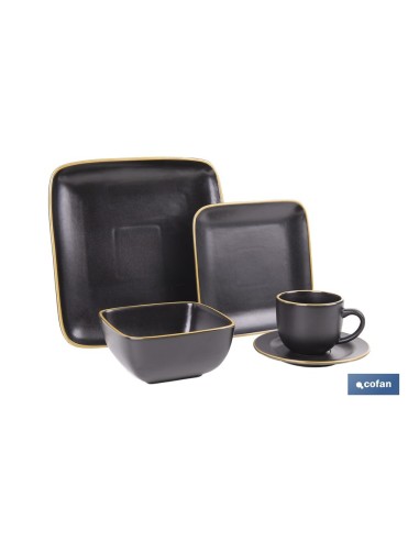 VAJILLA DE CERÁMICA DE COLOR NEGRO ESMALTADO DE FORMA CUADRADA CON BORDE VINTAGE 20 PIEZAS