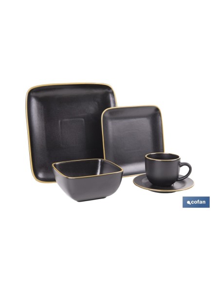 VAJILLA DE CERÁMICA DE COLOR NEGRO ESMALTADO DE FORMA CUADRADA CON BORDE VINTAGE 20 PIEZAS