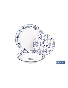 VAJILLA DE PORCELANA CON DETALLE FLORAL AZUL ESMALTADO DE FORMA IRREGULAR 18 PIEZAS