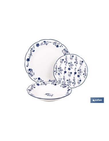 VAJILLA DE PORCELANA CON DETALLE FLORAL AZUL ESMALTADO DE FORMA IRREGULAR 18 PIEZAS