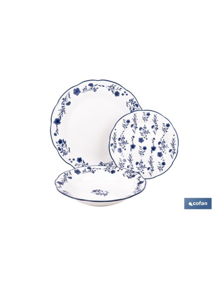 VAJILLA DE PORCELANA CON DETALLE FLORAL AZUL ESMALTADO DE FORMA IRREGULAR 18 PIEZAS