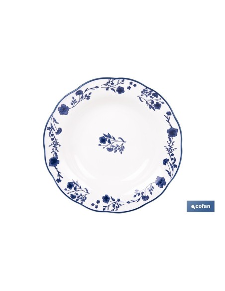 VAJILLA DE PORCELANA CON DETALLE FLORAL AZUL ESMALTADO DE FORMA IRREGULAR 18 PIEZAS