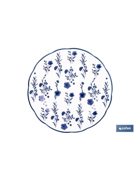 VAJILLA DE PORCELANA CON DETALLE FLORAL AZUL ESMALTADO DE FORMA IRREGULAR 18 PIEZAS