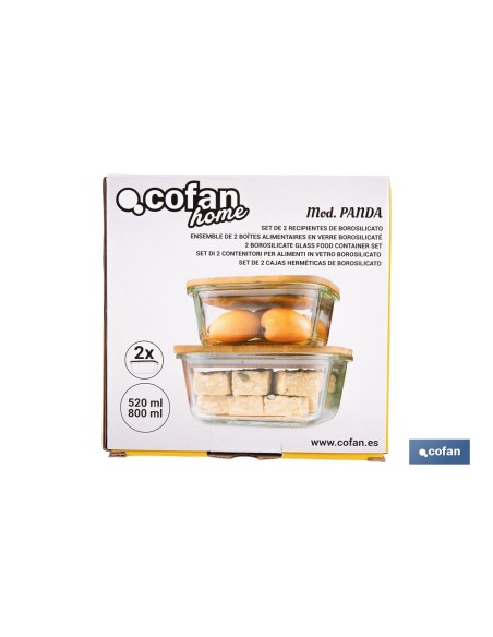 SET DE 2 RECIPIENTES DE BOROSILICATO CON TAPA DE BAMBÚ MODELO PANDA 520 ML - 800 ML