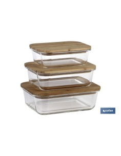 SET DE 3 RECIPIENTES DE BOROSILICATO CON TAPA DE BAMBÚ MODELO PANDA 640 ML-1040 ML -1520 ML