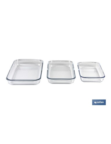 SET DE 3 FUENTES RECTANGULARES DE VIDRIO BOROSILICATO MODELO BARITINA 1600ML-2200ML-3000ML