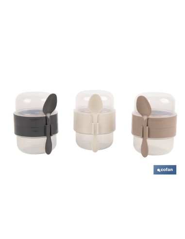 SET DE 3 RECIPIENTES CON TAPA, CUCHARA Y COMPARTIMIENTO INTERIOR 200ML+200ML