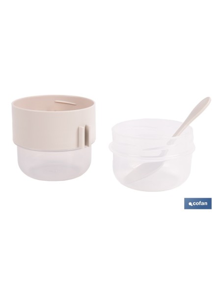 SET DE 3 RECIPIENTES CON TAPA, CUCHARA Y COMPARTIMIENTO INTERIOR 200ML+200ML