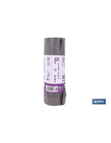 BOLSAS DE BASURA PERFUMADAS A LAVANDA CON AUTOCIERRE 55 X 86 CM G. 75 COLOR GRIS 15 UDS. 50 L
