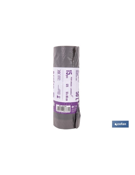 BOLSAS DE BASURA PERFUMADAS A LAVANDA CON AUTOCIERRE 55 X 86 CM G. 75 COLOR GRIS 15 UDS. 50 L