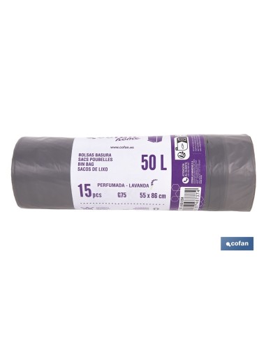 BOLSAS DE BASURA PERFUMADAS A LAVANDA CON AUTOCIERRE 55 X 86 CM G. 75 COLOR GRIS 15 UDS. 50 L