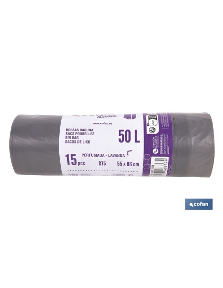 BOLSAS DE BASURA PERFUMADAS A LAVANDA CON AUTOCIERRE 55 X 86 CM G. 75 COLOR GRIS 15 UDS. 50 L