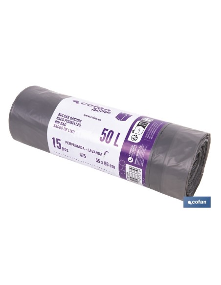BOLSAS DE BASURA PERFUMADAS A LAVANDA CON AUTOCIERRE 55 X 86 CM G. 75 COLOR GRIS 15 UDS. 50 L