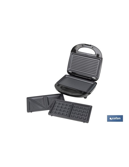 SANDWICHERA MULTIUSOS,GRILL Y GOFRERA 3 EN 1 PLACAS INTERCAMBIABLES 750W 24 X 22,8 X10,9 CM