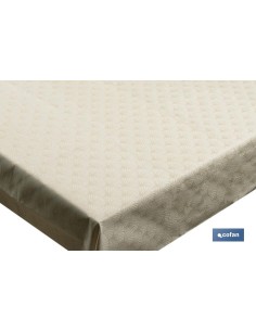 MANTEL ANTIMANCHAS RESINADO CONFECCIONADO 1,40 X 1,40 M 50% PES 45% CO 5% LUREX LINEAS DE ORO