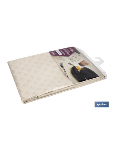 MANTEL ANTIMANCHAS RESINADO CONFECCIONADO 1,40 X 1.80 M 50% PES 45% CO 5% LUREX LINEAS DE ORO