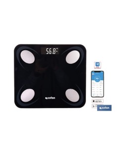 BÁSCULA DE BAÑO DIGITAL NEGRA CON PANTALLA LCD, USB Y MEDICIÓN IMC DE GRASA VISCERAL 30 X 26,5 X 2,2 CM