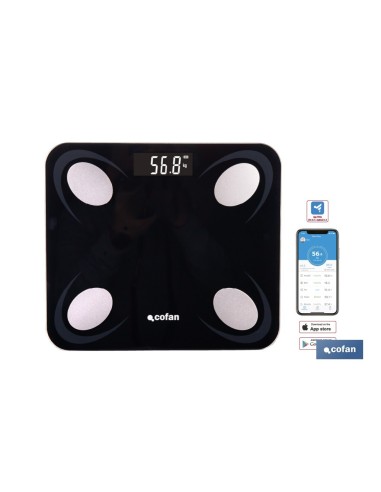 BÁSCULA DE BAÑO DIGITAL NEGRA CON PANTALLA LCD, USB Y MEDICIÓN IMC DE GRASA VISCERAL 30 X 26,5 X 2,2 CM