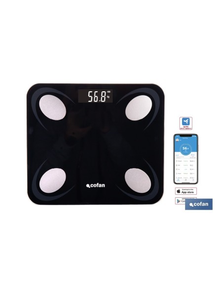 BÁSCULA DE BAÑO DIGITAL NEGRA CON PANTALLA LCD, USB Y MEDICIÓN IMC DE GRASA VISCERAL 30 X 26,5 X 2,2 CM
