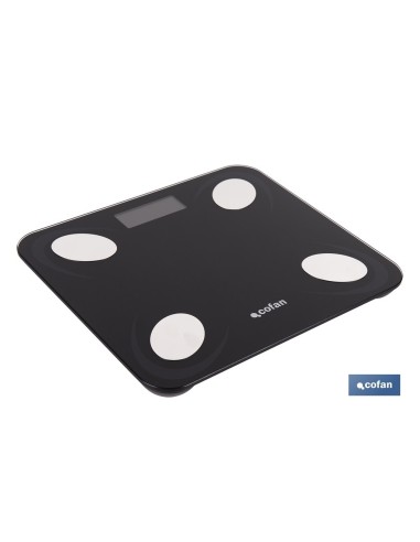 BÁSCULA DE BAÑO DIGITAL NEGRA CON PANTALLA LCD, USB Y MEDICIÓN IMC DE GRASA VISCERAL 30 X 26,5 X 2,2 CM