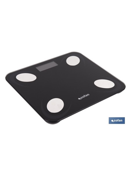 BÁSCULA DE BAÑO DIGITAL NEGRA CON PANTALLA LCD, USB Y MEDICIÓN IMC DE GRASA VISCERAL 30 X 26,5 X 2,2 CM