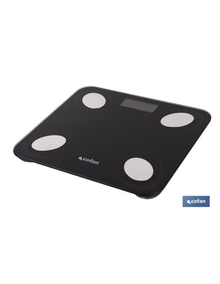 BÁSCULA DE BAÑO DIGITAL NEGRA CON PANTALLA LCD, USB Y MEDICIÓN IMC DE GRASA VISCERAL 30 X 26,5 X 2,2 CM