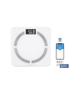 BÁSCULA DE BAÑO DIGITAL BLANCA CON PANTALLA LCD, USB Y MEDICIÓN IMC DE GRASA VISCERAL 30 X 30 X 2,2 CM