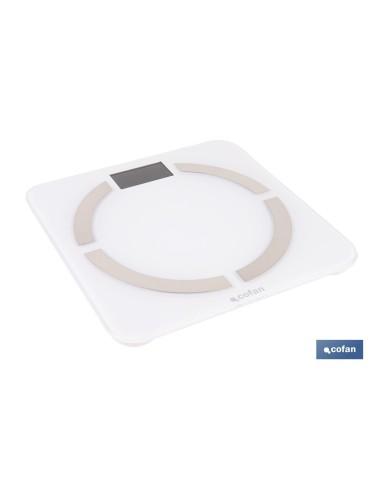 BÁSCULA DE BAÑO DIGITAL BLANCA CON PANTALLA LCD, USB Y MEDICIÓN IMC DE GRASA VISCERAL 30 X 30 X 2,2 CM