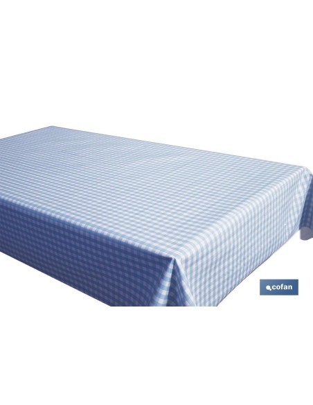 ROLLO DE MANTEL ANTIMANCHAS CUADROS AZULES 1,40 X 20 M