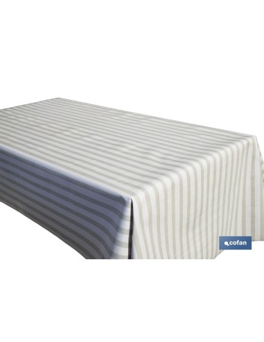 ROLLO DE MANTEL ANTIMANCHAS DE RAYAS BEIGE Y BLANCO 1,40 X 20 M