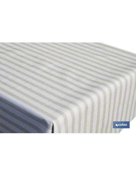 ROLLO DE MANTEL ANTIMANCHAS DE RAYAS BEIGE Y BLANCO 1,40 X 20 M