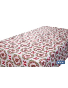 ROLLO DE MANTEL RESINADO ANTIMANCHAS LAZOS Y PIÑAS 75% ALGODÓN 25% POLIÉSTER 1,40 X 15 M