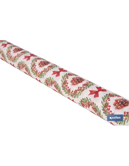 ROLLO DE MANTEL RESINADO ANTIMANCHAS LAZOS Y PIÑAS 75% ALGODÓN 25% POLIÉSTER 1,40 X 15 M