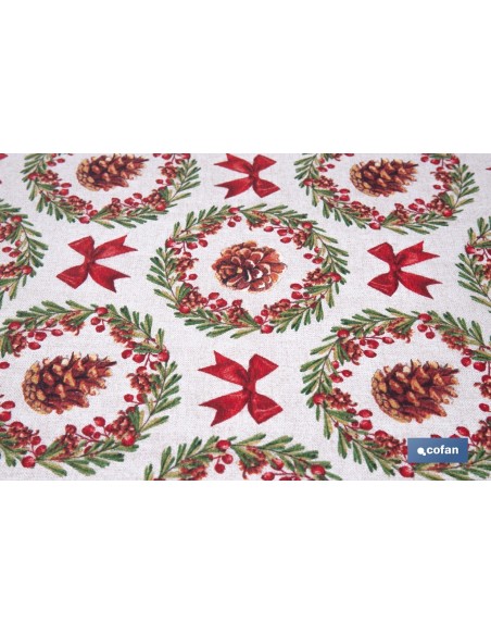 ROLLO DE MANTEL RESINADO ANTIMANCHAS LAZOS Y PIÑAS 75% ALGODÓN 25% POLIÉSTER 1,40 X 15 M