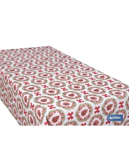 ROLLO DE MANTEL RESINADO ANTIMANCHAS LAZOS Y PIÑAS 75% ALGODÓN 25% POLIÉSTER 1,40 X 15 M