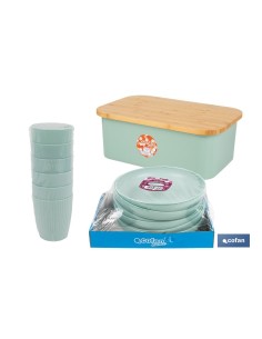PACK DE PANERA CON TAPA BAMBU ,6 VASOS DE AGUA VERDE Y 6 PLATOS VERDE