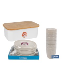 PACK DE PANERA CON TAPA BAMBU ,6 VASOS DE AGUA BEIGE Y 6 PLATOS BEIGE